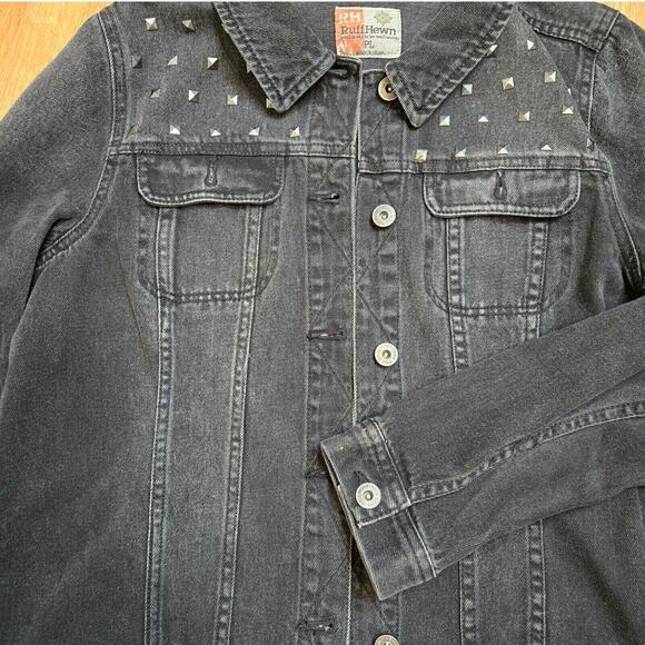 RH Ruff Hewn Studded Black Denim Button Up Jean Jacket Long Sleeves Size PL - Picture 4 of 10
